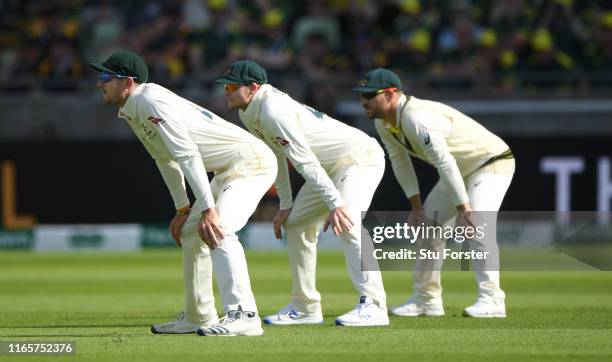 Australia slip fielders from left to right Cameron Bancroft; Steven Smith and David Warner during day two of the First Specsavers Test Match between...