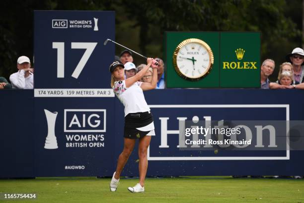 Carly Booth of Scotland tees off on the 17th hole during Day Two of the AIG Women's British Open at Woburn Golf Club on August 02, 2019 in Woburn,...