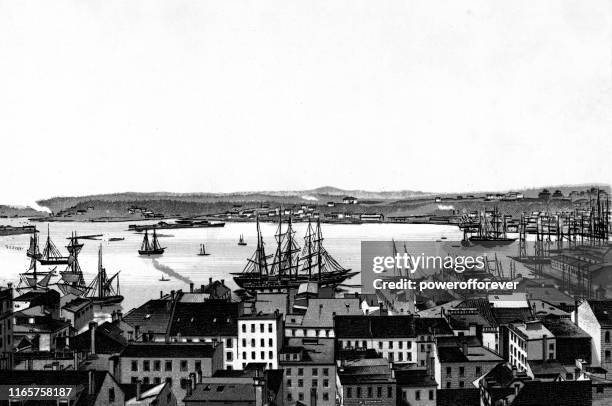 cityscape of saint john, new brunswick, canada - 19th century - bay of fundy stock illustrations
