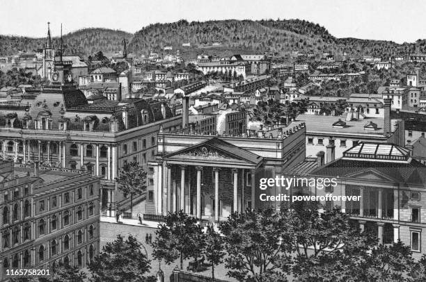 place d’armes in montreal, quebec, canada - 19th century - old montreal stock illustrations