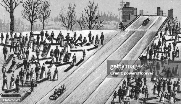 people tobogganing in montreal, quebec, canada - 19th century - old montreal stock illustrations