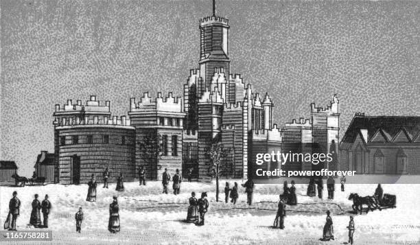 ice palace in montreal, quebec, canada - 19th century - old montreal stock illustrations