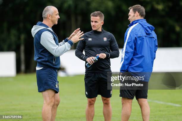 Connor O'Shea , Luke Pearce and John Wells chat during training at Kingston Park. Italy Senior Mens Team during Italy's training session at Kingston...