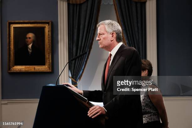 New York City Mayor Bill de Blasio speaks to the media following news that a judge has recommended that Daniel Pantaleo, the New York City police...