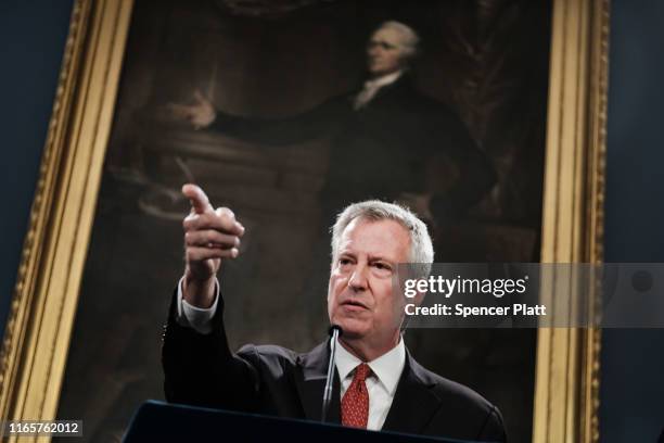 New York City Mayor Bill de Blasio speaks to the media following news that a judge has recommended that Daniel Pantaleo, the New York City police...