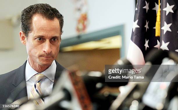 Rep. Anthony Weiner enters to announce his resignation June 16, 2011 in the Brooklyn borough of New York City. The resignation comes ten days after...