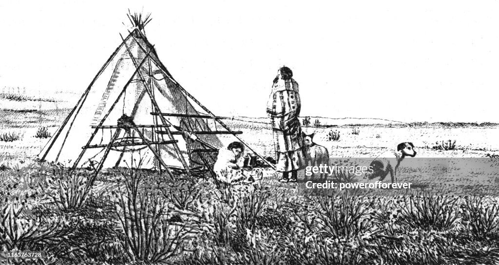 Siksika First Nations Family and Teepee in Alberta, Canada - 19th Century