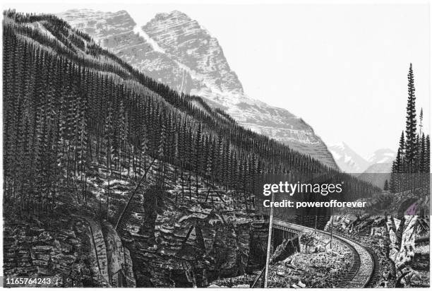 mount stephen and the kicking horse valley in the canadian rockies of british columbia, canada - 19th century - mountain pass stock illustrations
