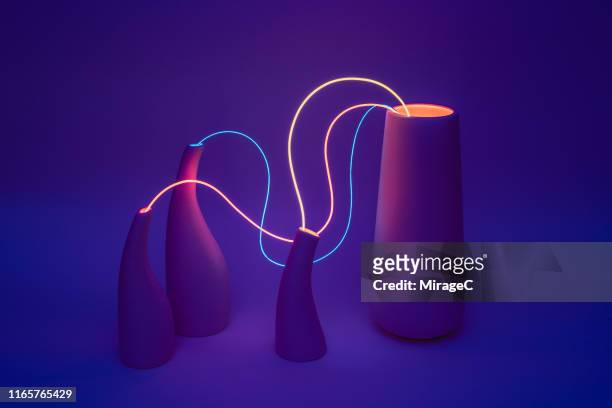 neon cable linking vases - contact color background photos et images de collection