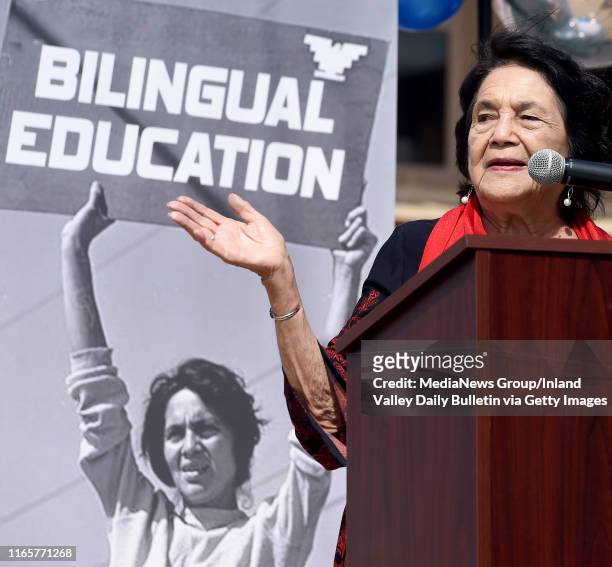 Dolores Huerta speaks to those gathered during the first Dolores Huerta Day at the Dolores Huerta International Academy in Fontana Monday, April 15,...