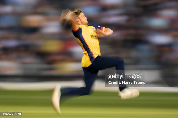 Aaron Beard of Essex bowls during the Vitality Blast match between Gloucestershire and Essex Eagles at Bristol County Ground on August 02, 2019 in...