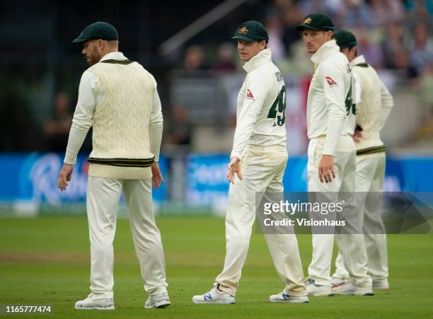 From left: David Warner, Steve Smith and Cameron Bancroft playing together in a test match for the first time since all three were banned for ball...