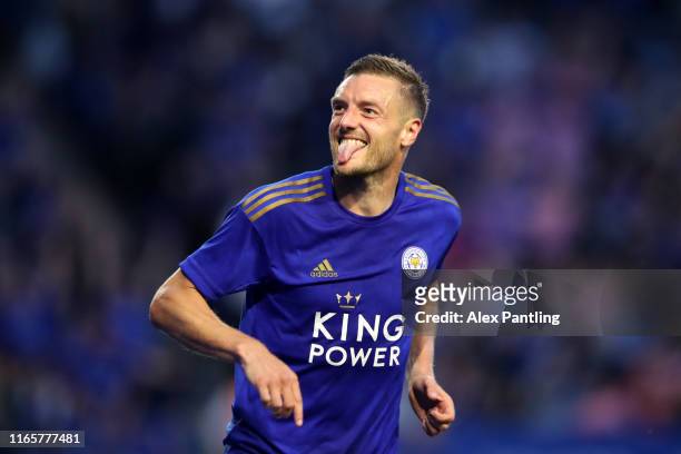 Jamie Vardy of Leicester City celebrates scoring his sides second goal during the Pre-Season Friendly match between Leicester City and Atalanta at...