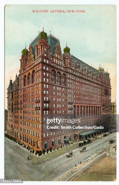 Illustrated postcard of the Waldorf Astoria Hotel at 301 Park Avenue in Midtown Manhattan, New York City, published by A. C. Bosselman and Co, 1910....