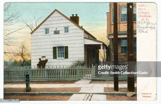 Illustrated postcard of the Edgar Allan Poe Cottage on Kingsbridge Road and the Grand Concourse, Fordham, New York City, published by Souvenir Post...