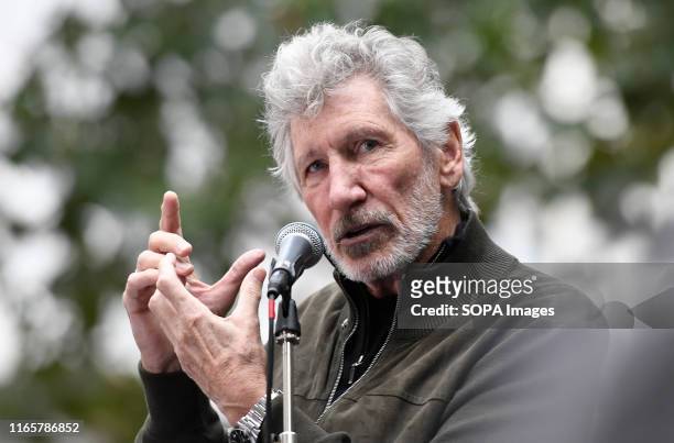 Roger Waters speaks during the Don't Extradite Assange rally in London. Julian Assange supporters rally outside the British Home Secretary office...