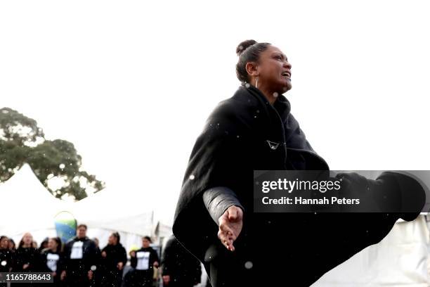 Karanga starts to welcome Kiingi Tūheitia during a powhiri to Ihumātao on August 03, 2019 in Auckland, New Zealand. The site near Auckland Airport...