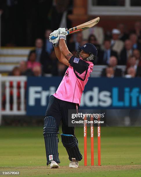 Scott Newman of Middlesex hits out during the Friends Life t20 match between Middlesex and Sussex at Lord's Cricket Ground on June 16, 2011 in...