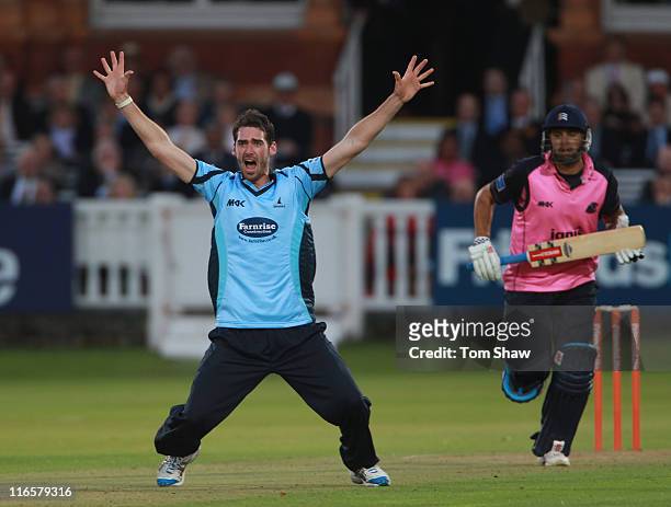 Chris Liddle of Sussex appeals unsuccessfully during the Friends Life t20 match between Middlesex and Sussex at Lord's Cricket Ground on June 16,...