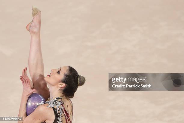 Natalia Gaudio of Brazil competes during rhythmic gymnastics Individual All Around and Qualifications Ball on Day 7 of Lima 2019 Pan American Games...