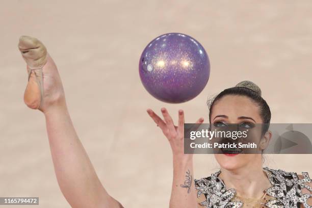 Natalia Gaudio of Brazil competes during rhythmic gymnastics Individual All Around and Qualifications Ball on Day 7 of Lima 2019 Pan American Games...