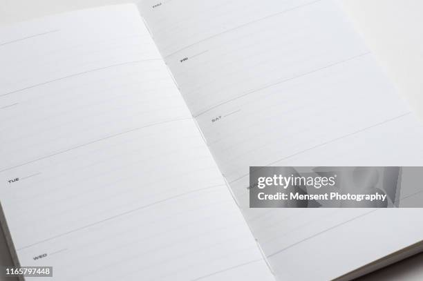 open diary magazine book for white background - magazine spread stock pictures, royalty-free photos & images