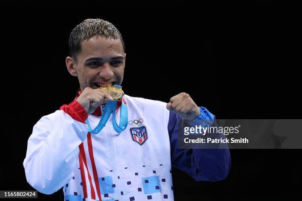 Gold medalist Oscar Collazo of Puerto Rico in the podium of Men's Light Fly on Day 7 of Lima 2019 Pan American Games at Coliseo Miguel Grau at Villa...