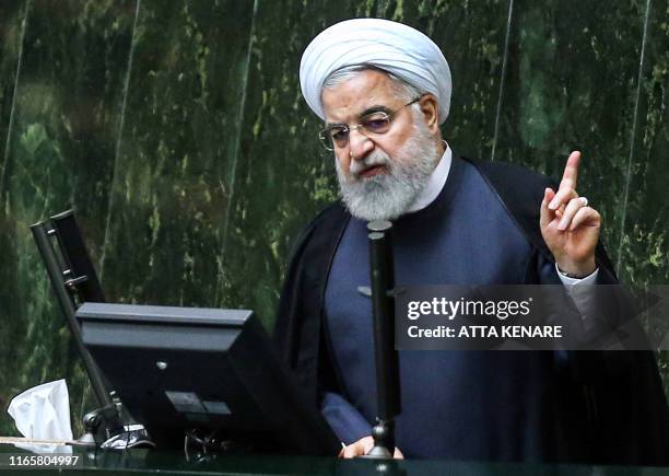 Iran's President Hassan Rouhani speaks at parliament in the capital Tehran on September 3, 2019. In an address to parliament, Rouhani ruled out...