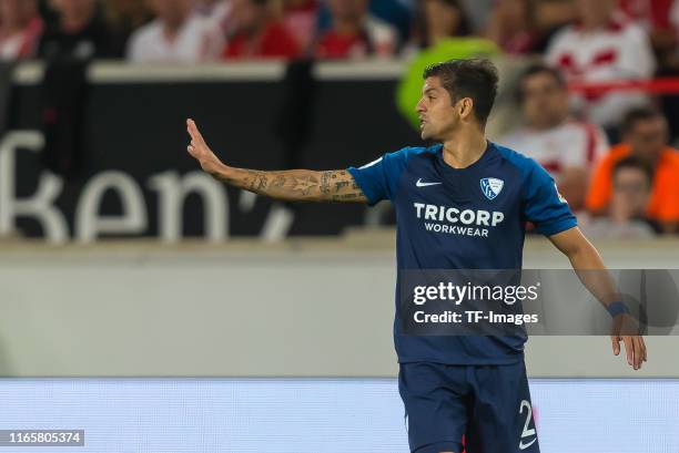 Cristian Gamboa of VfL Bochum gestures during the Second Bundesliga match between VfB Stuttgart and VfL Bochum 1848 at Mercedes-Benz Arena on...