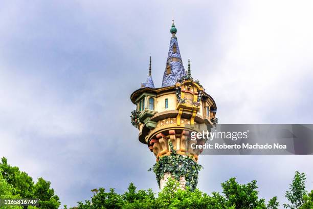 Rapunzel Castle Tower, low angle view of the beautiful building inside of the Walt Disney's Magic Kingdom Park.
