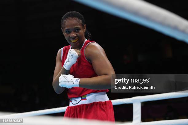 Jessica Caicedo Sinisterra of Colombia celebrates her victory in Women's Middle Finals Bout on Day 7 of Lima 2019 Pan American Games at Coliseo...