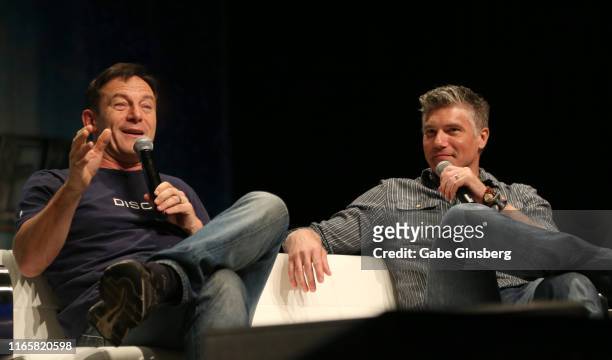 Actors Jason Isaacs and Anson Mount speak during the "Discovery" panel at the 18th annual Official Star Trek Convention at the Rio Hotel & Casino on...