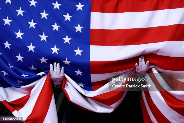 Detail of the flag of United States during the medal ceremony of Women's Boxing Light on Day 7 of Lima 2019 Pan American Games at Coliseo Miguel Grau...