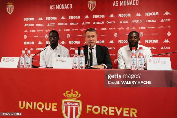 Monaco's Russian Vice club President Oleg Petrov gives a press conference for the presentation of Monaco's French forward Jean-Kevin Augustin and...