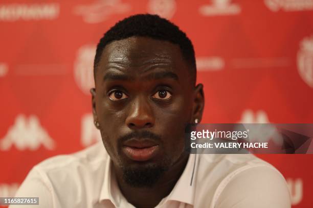 Monaco's French forward Jean-Kevin Augustin speaks during a press conference held for his presentation in La Turbie, near Monaco on September 3, 2019.