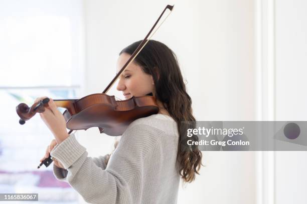 teenager with long brown hair, playing a violin - saiteninstrument stock-fotos und bilder