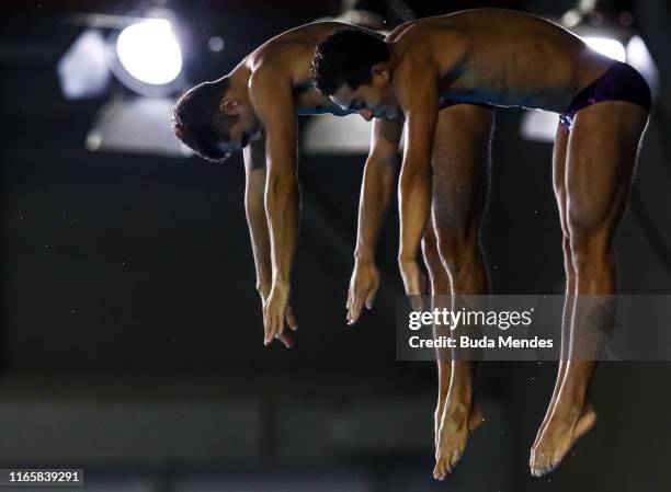 Ivan Garcia Navarro and Kevin Berlin Reyes of Mexico compete in Men's Synchronized Diving 10m Platform Finalon Day 7 of Lima 2019 Pan American Games...