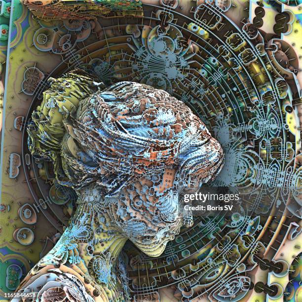 profile of woman's head with artificial intelligence - magical thinking stock pictures, royalty-free photos & images