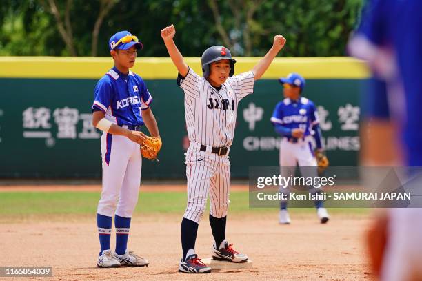 Shintaro Sakamoto of SAMURAI JAPAN celebrates after hitting in the fourth inning during the WBSC U-12 Baseball World Cup Super Round match between...