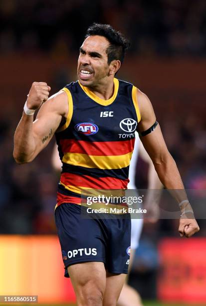 Eddie Betts of the Adelaide Crows celebrates a goal during the round 20 AFL match between the Adelaide Crows and the St Kilda Saints at Adelaide Oval...