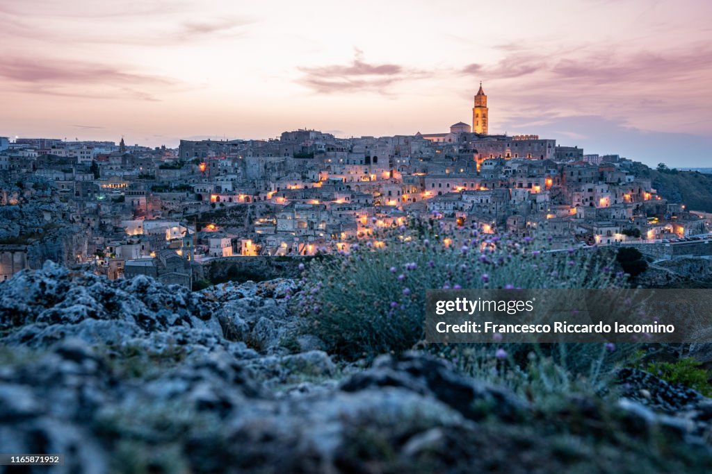 Matera, townscape at sunset from Belvedere della Murgia. Basilicata, Italy