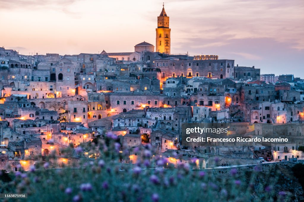 Matera, townscape at sunset from Belvedere della Murgia. Basilicata, Italy