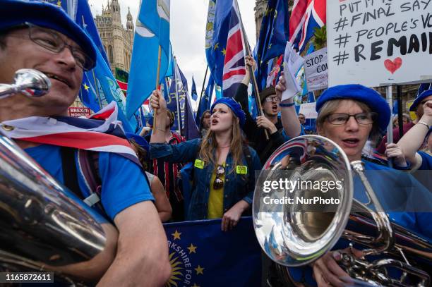 Anti-Brexit protesters march to Downing Street through central London as MPs return to the Commons after the summer recess on 03 September 2019 in...
