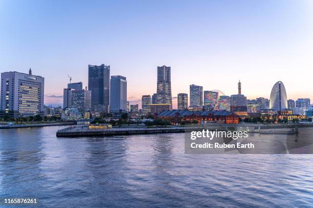 yokohama at dusk skyline and cityscape - yokohama skyline stock pictures, royalty-free photos & images