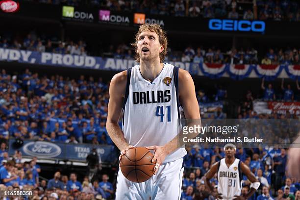 Dirk Nowitzki of the Dallas Mavericks shoots a free throw against the Miami Heat during Game Five of the 2011 NBA Finals on June 09, 2011 at the...