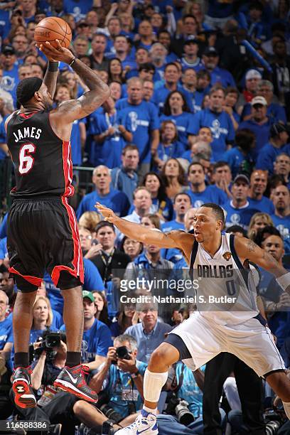 Lebron James of the Miami Heat shoots the ball against the Dallas Mavericks during Game Five of the 2011 NBA Finals on June 09, 2011 at the American...