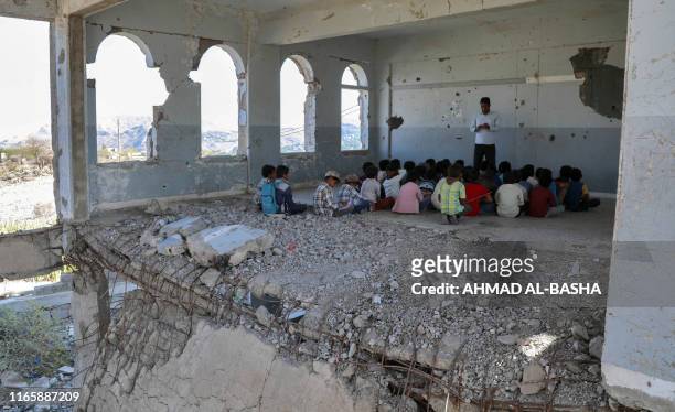 In a tour for the press organised by a damaged school in Yemen's third-city of Taez on September 3, 2019 to attract attention to their suffering,...
