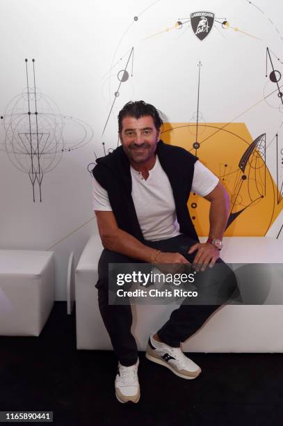 Alberto Tomba attends Lamborghini Huracán EVO Spyder by Dr.Woo premiere at the Lamborghini Lounge on August 02, 2019 in Porto Cervo, Italy.