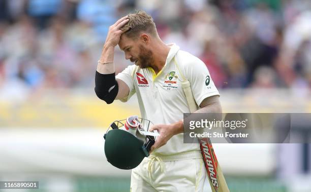 Australia batsman David Warner reacts after he is given out after review during Day three of the First Specsavers Test Match at Edgbaston on August...