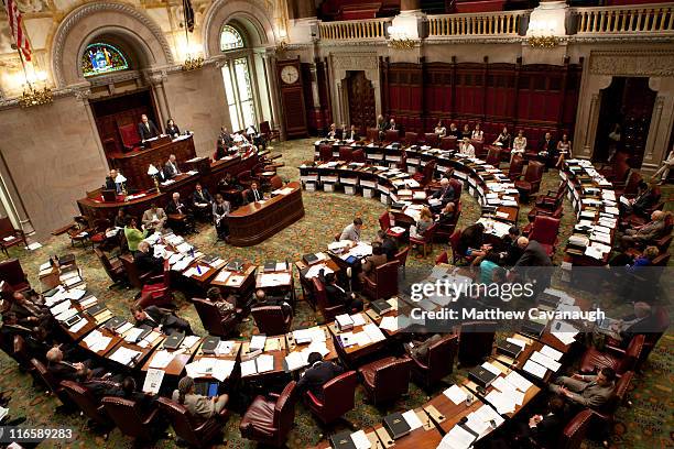 The New York State Senate debates legislation in the Senate chamber on June 16, 2011 in Albany, New York. The Senate is expected to vote on a bill...